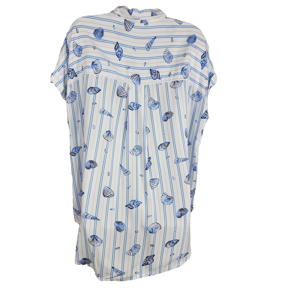 Jane And Delancey Shirt Blue Button Short Cuffed Sleeve Seashell Stripes Large - Picture 2 of 9